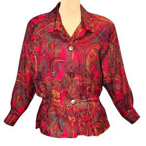 VTG 90s Linda Allard Ellen Tracy Paisley Blazer Top Sz.M Red Silk Wool Whimsigot